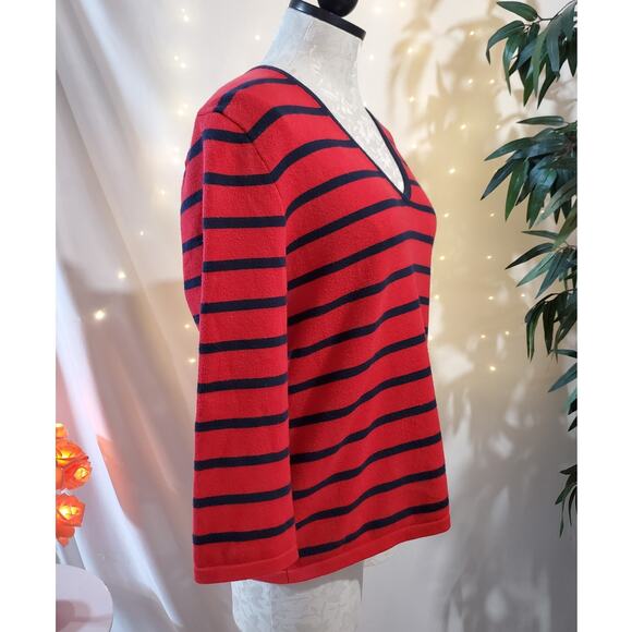 Lauren Ralph Lauren Vintage Blue Red Striped V Neck 3/4 Sleeve Sweater Womens L - Picture 2 of 7